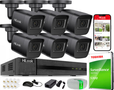 Zestaw do Monitoringu IP 4Mpx, 6 Kamer IPC-B141H-C BLACK, PoE, IR20m, IP67 - HiLook by Hikvision | IPC-B141H-C BLACK(x6) POE KIT