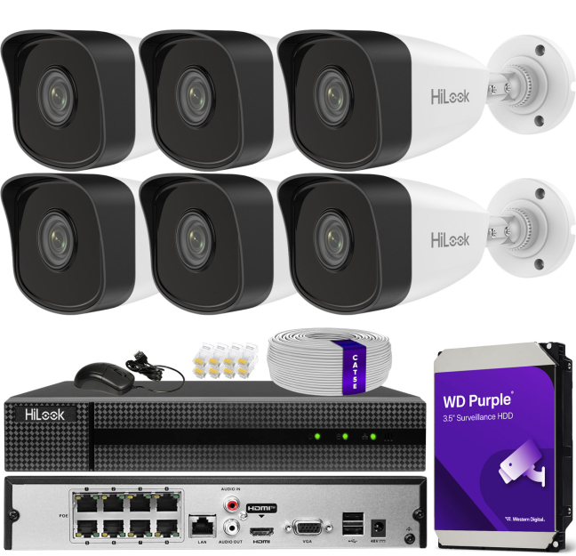 Zestaw do monitoringu IP 5Mpx, 6 Kamer IPC-B150H, PoE, IR30m - HiLook by Hikvision | IPC-B150H (x6) POE KIT