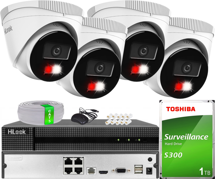 Zestaw do Monitoringu IP 4Mpx, 4 Kamery IPC-T240HA-LUC Smart Hybrid Light, PoE - HiLook by Hikvision | IPC-T240HA-LUC(x4) POE KIT