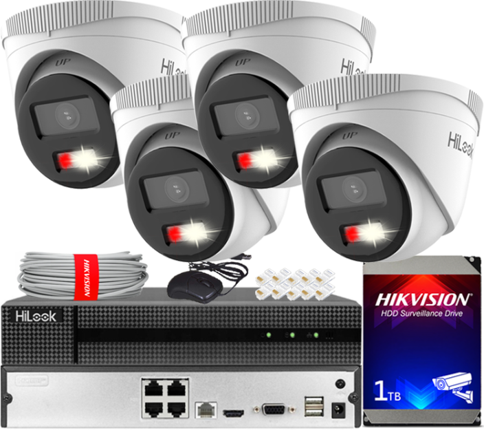Zestaw do Monitoringu IP 4Mpx, 4 Kamery IPC-T240HA-LUC Smart Hybrid Light, PoE - HiLook by Hikvision | IPC-T240HA-LUC(x4) POE KIT