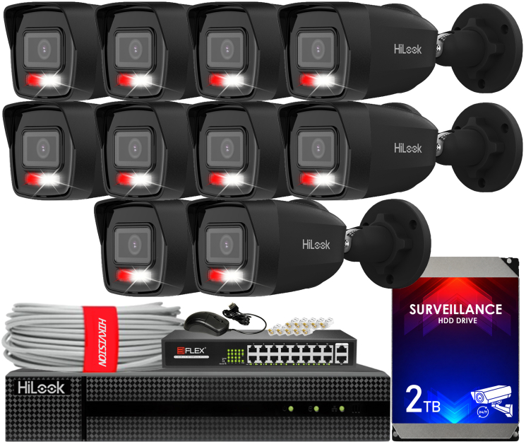 Zestaw do Monitoringu IP 6Mpx, 10 Kamer IPC-B160HA-LU BLACK Smart Hybrid Light, PoE - HiLook by Hikvision | IPC-B160HA-LU(x10)BlACK POE KIT