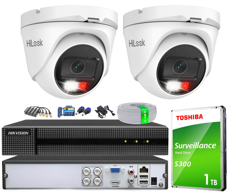 Zestaw do monitoringu TurboHD, 2 kamery zewnętrzne Hybrid Light 2Mpx, Rejestrator 4ch - HiLook by Hikvision | TVICAM-T2M-20DL + DVR-4CH-4MP