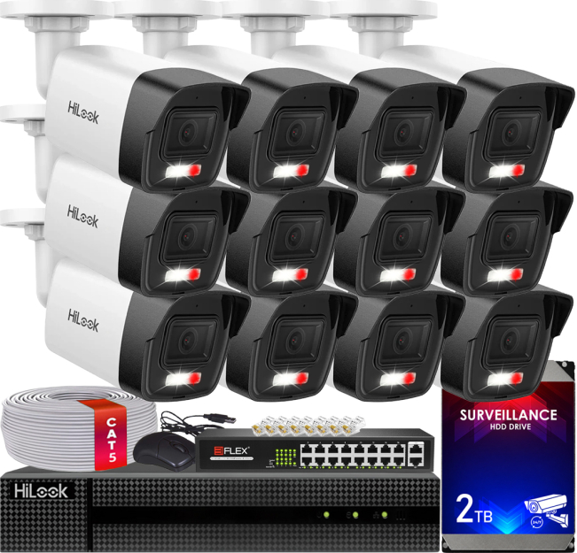 Zestaw do Monitoringu IP 4Mpx, 12 Kamer IPC-B140HA-LUC Smart Hybrid Light, PoE - HiLook by Hikvision | IPC-B140HA-LUC(x12) POE KIT