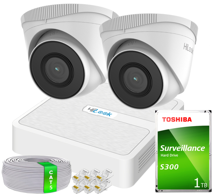 Zestaw do Monitoringu IP Full HD, 2 Kamery IPCAM-T2 IR30m, Rejestrator 4ch PoE - HiLook by Hikvision | 2x IPCAM-T2- + NVR-4CH-H/4P
