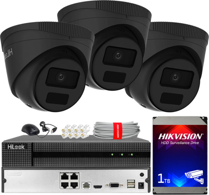 Zestaw do Monitoringu IP 4Mpx, 3 Kamery IPC-T241H-C BLACK, PoE, IR20m, IP67 - HiLook by Hikvision | IPC-T241H-C BLACK(x3) POE KIT