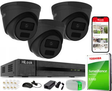 Zestaw do Monitoringu IP 4Mpx, 3 Kamery IPC-T241H-C BLACK, PoE, IR20m, IP67 - HiLook by Hikvision | IPC-T241H-C BLACK(x3) POE KIT