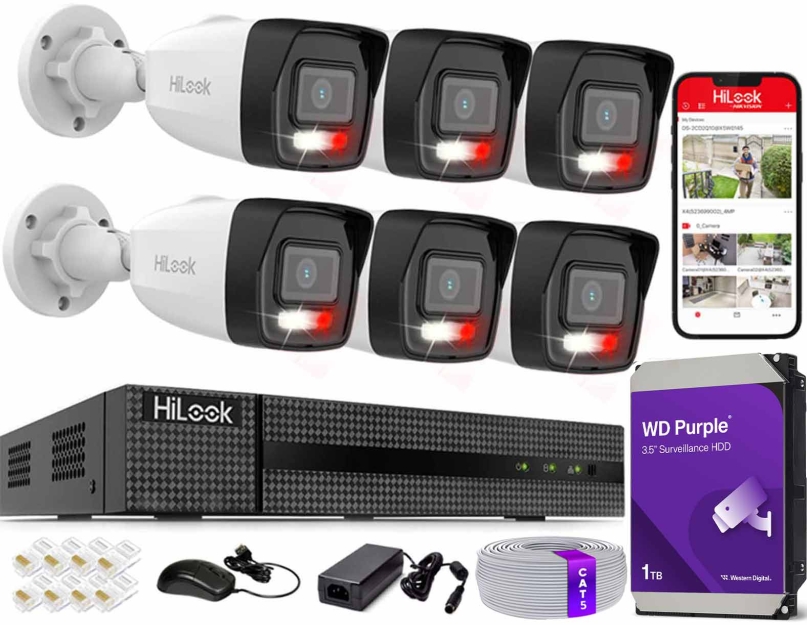 Zestaw do Monitoringu IP 6Mpx, 6 Kamer IPC-B160HA-LU Smart Hybrid Light, PoE - HiLook by Hikvision | IPC-B160HA-LU(x6) POE KIT