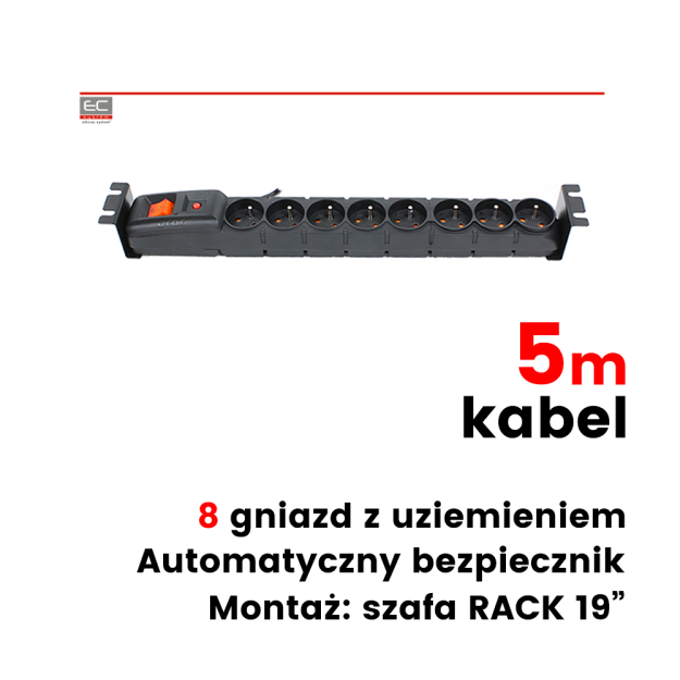 ACAR S8 FA RACK-5M - Listwa zasilająca 8 gniazd, 2300W, 5m, automatyczny bezpiecznik, uchwyty do szafy RACK - ACAR | ACAR S8 FA RACK-5M
