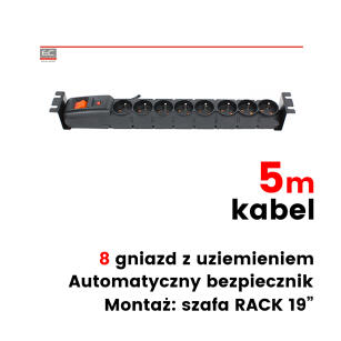 ACAR S8 FA RACK-5M - Listwa zasilająca 8 gniazd, 2300W, 5m, automatyczny bezpiecznik, uchwyty do szafy RACK - ACAR | ACAR S8 FA RACK-5M