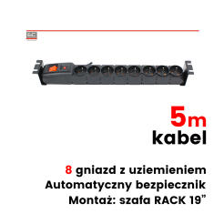 ACAR S8 FA RACK-5M - Listwa zasilająca 8 gniazd, 2300W, 5m, automatyczny bezpiecznik, uchwyty do szafy RACK - ACAR | ACAR S8 FA RACK-5M 