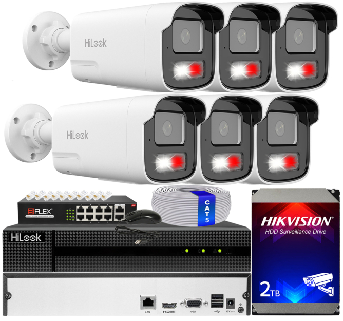 Zestaw do monitoringu IP 8Mpx, 4mm, 6 Kamer IPC-B480HA-LUF/SL Live Guard, PoE  - HiLook by Hikvision | IPC-B480HA-LUF/SL(x6) POE KIT