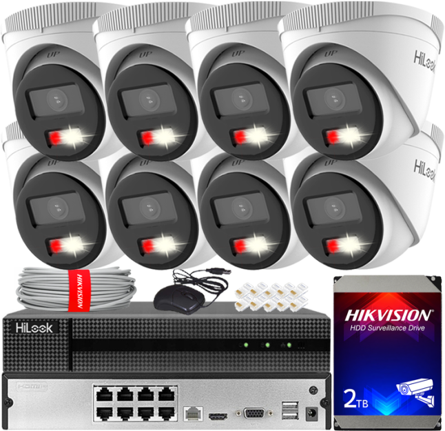 Zestaw do Monitoringu IP 4Mpx, 8 Kamer IPC-T240HA-LUC Smart Hybrid Light, PoE - HiLook by Hikvision | IPC-T240HA-LUC(x8) POE KIT