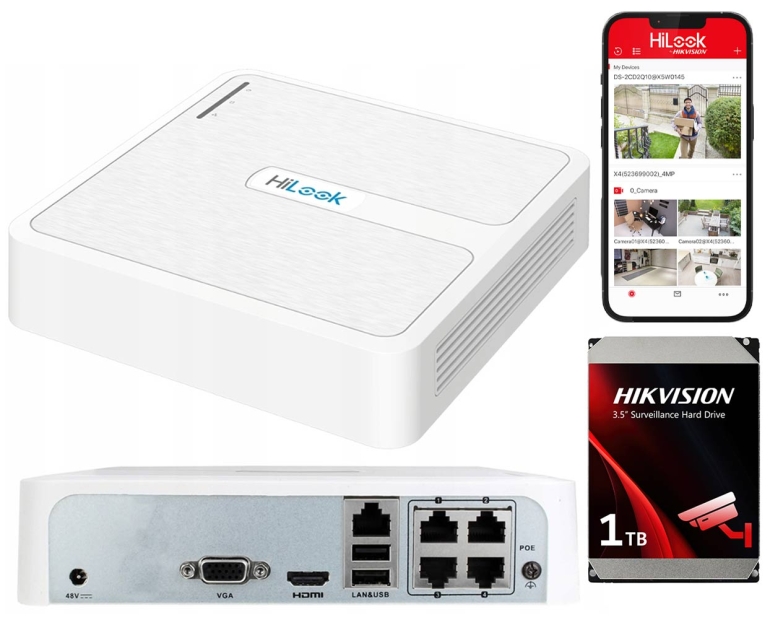 NVR-104H-D/4P-1TB - Rejestrator IP 4-kanałowy z dyskiem 1TB, 4x PoE, do 6Mpx - Hilook by Hikvision | NVR-104H-D/4P-1TB