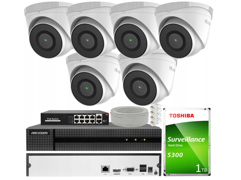 Zestaw do Monitoringu IP 2Mpx 6 Kamer IPCAM-T2, Rejestrator 8ch - HiLook by Hikvision | IPCAM-T2 + HWN-2108MH