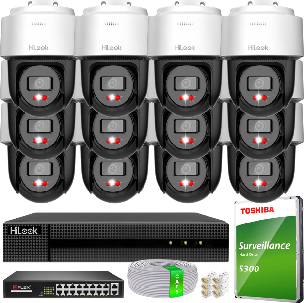 Zestaw do Monitoringu IP 6Mpx, 12 Kamer PTZ-N2C600M-DE Smart Hybrid Light, PoE - HiLook by Hikvision | PTZ-N2C600M-DE(x12) POE KIT