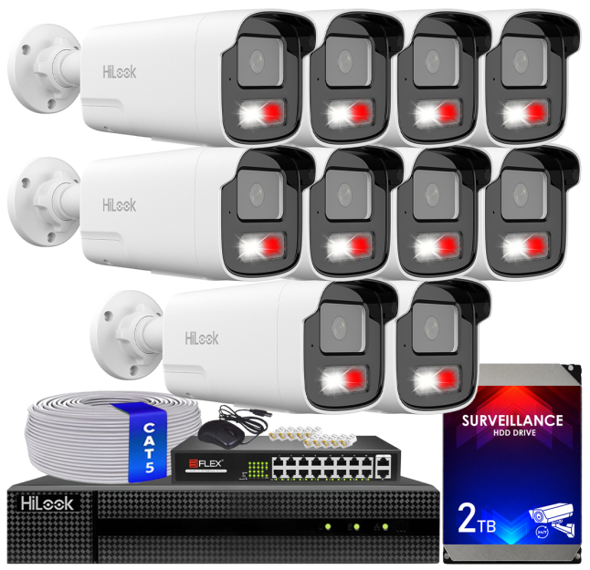 Zestaw do monitoringu IP 8Mpx, 4mm, 10 Kamer IPC-B480HA-LUF/SL Live Guard, PoE  - HiLook by Hikvision | IPC-B480HA-LUF/SL(x10) POE KIT