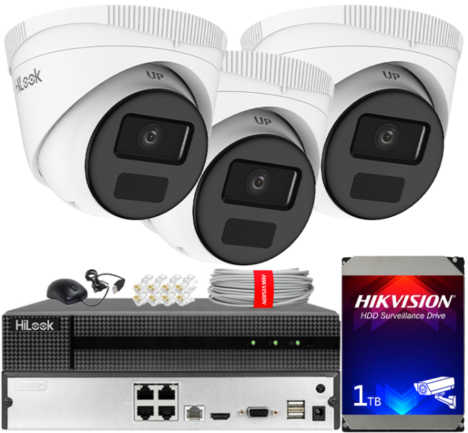 Zestaw do Monitoringu IP 4Mpx, 3 Kamery IPC-T241H-C, PoE, IR20m, IP67 - HiLook by Hikvision | IPC-T241H-C(x3) POE KIT