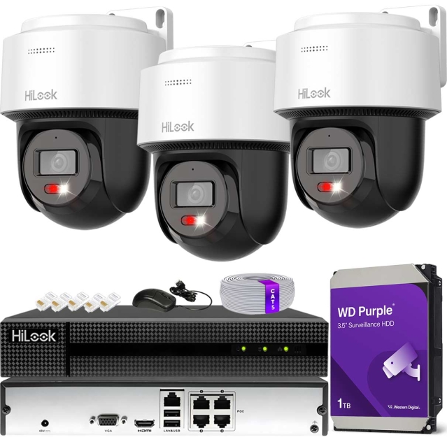 Zestaw do Monitoringu IP 2Mpx, 3 Kamery PTZ-N2C200M-D Smart Hybrid Light, PoE - HiLook by Hikvision | PTZ-N2C200M-D(x3) POE KIT