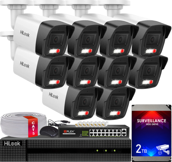 Zestaw do Monitoringu IP 4Mpx, 10 Kamer IPC-B140HA-LUC Smart Hybrid Light, PoE - HiLook by Hikvision | IPC-B140HA-LUC(x10) POE KIT