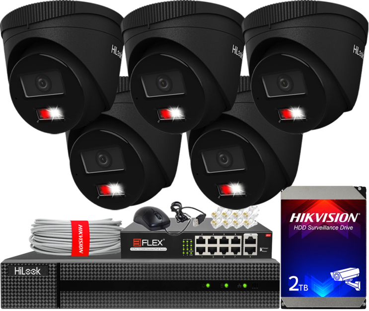 Zestaw do Monitoringu IP 6Mpx, 5 Kamer IPC-T260HA-LU BLACK Smart Hybrid Light, PoE - HiLook by Hikvision | IPC-T260HA-LU(x5)BlACK POE KIT