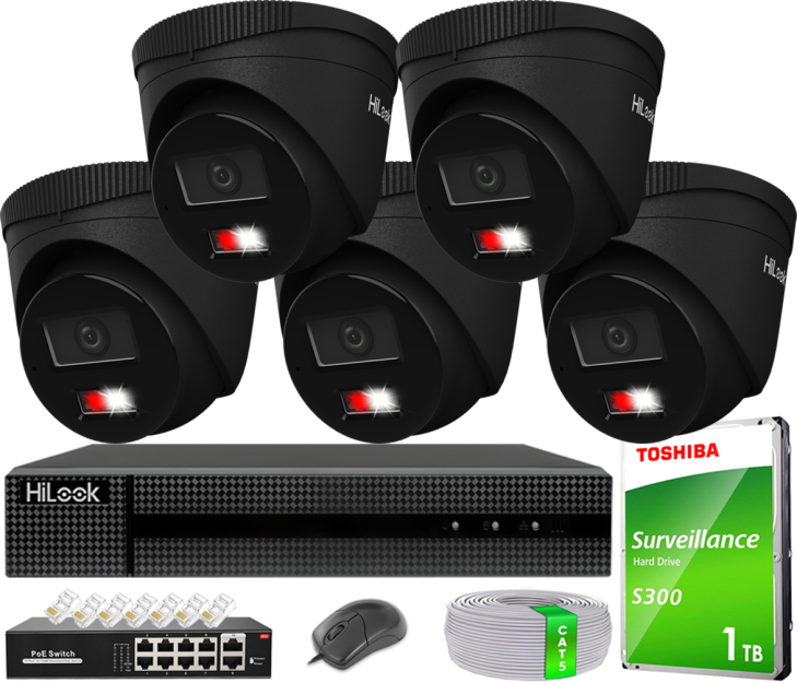 Zestaw do Monitoringu IP 6Mpx, 5 Kamer IPC-T260HA-LU BLACK Smart Hybrid Light, PoE - HiLook by Hikvision | IPC-T260HA-LU(x5)BlACK POE KIT