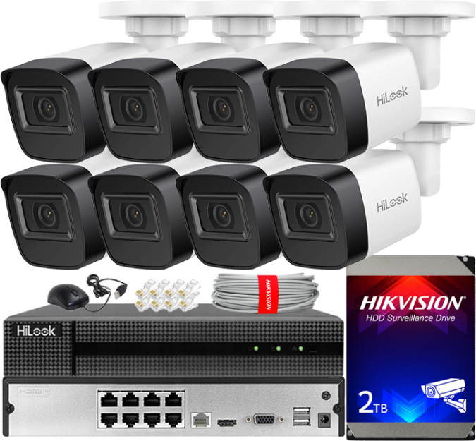 Zestaw do Monitoringu IP 4Mpx, 8 Kamer IPC-B141H-C, PoE, IR20m, IP67 - HiLook by Hikvision | IPC-B141H-C(x8) POE KIT