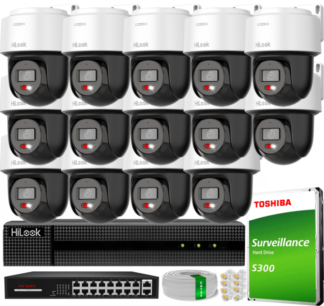 Zestaw do Monitoringu IP 4Mpx, 14 Kamer PTZ-N2C400M-DE Smart Hybrid Light, PoE - HiLook by Hikvision | PTZ-N2C400M-DE(x14) POE KIT