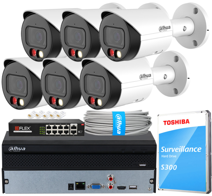 Zestaw do Monitoringu IP 4Mpx, 6 Kamer IPC-HFW2449S-S-IL-0280B, Dual Light, PoE - DAHUA | IPC-HFW2449S-S-IL-0280B(X6) POE KIT