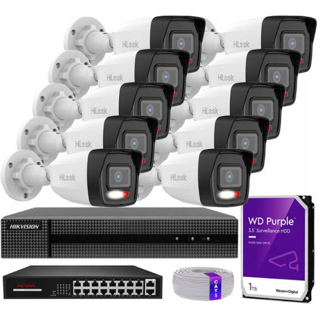 Zestaw do Monitoringu IP 4Mpx 10 Kamer IPCAM-B4-30DL, Hybrid Light, Rejestrator 16ch, MD 2.0 - HiLook by Hikvision | IPCAM-B4-30DL + HWN-4216MH