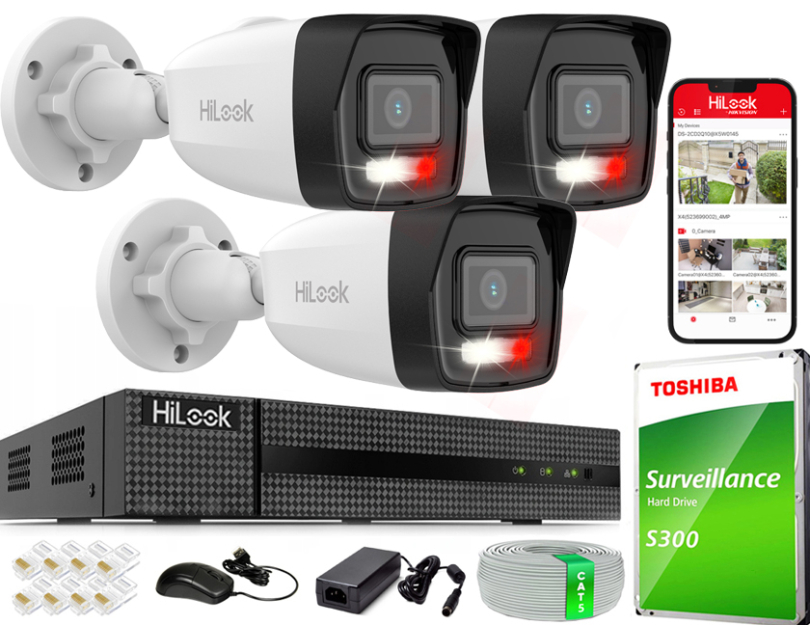 Zestaw do Monitoringu IP 4Mpx, 3 Kamery IPC-B140HA-LU Smart Hybrid Light, PoE - HiLook by Hikvision | IPC-B140HA-LU(x3) POE KIT