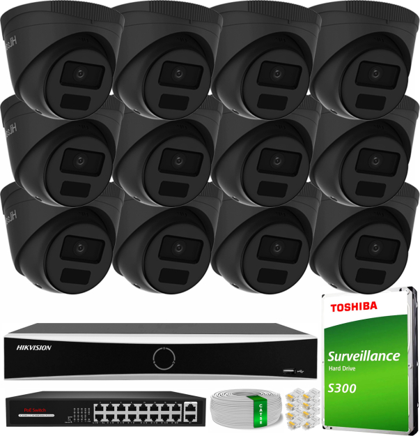 Zestaw do Monitoringu IP 4Mpx, 12 Kamer IPC-T241H-C BLACK, Rejestrator DS-7616NXI-K1, 16xPoE - HiLook by Hikvision | IPC-T241H-C BLACK(x12) NXI KIT