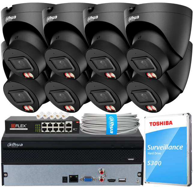 Zestaw do Monitoringu IP 12Mpx, 8 Kamer IPC-HDW21249T-S-IL-0280B BLACK, Dual Light, PoE - DAHUA | IPC-HDW21249T-S-IL-0280B BLACK(X8) POE KIT