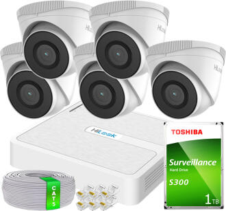 Zestaw do Monitoringu IP FullHD 2MP, 5 Kamer IPCAM-T2 IR30m, Rejestrator 8xPoE - HiLook by Hikvision | 5x IPCAM-T2- + NVR-8CH-H/8P