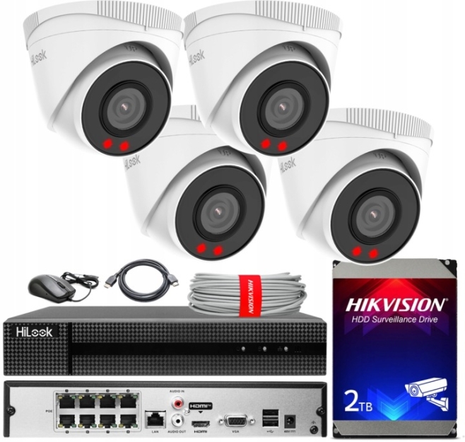 Zestaw do Monitoringu IP 8Mpx, 4 Kamery IPC-T280H, PoE, HDD 2TB - HiLook by Hikvision | IPC-T280H(x4) POE KIT