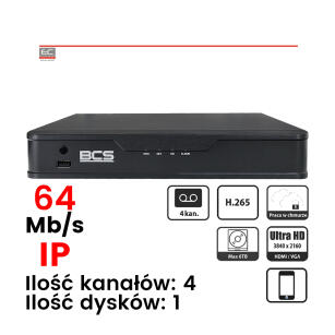 BCS-P-NVR0401-4K - Rejestrator 4 kanałowy, 12Mpix, 4K, 1HDD, 64Mb/s, Onvif, H.265 - BCS POINT
