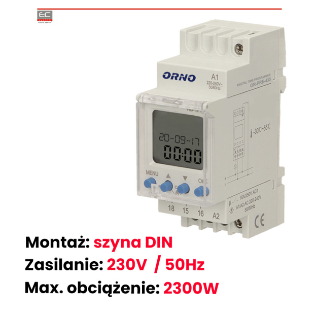 OR-PRE-433 - Elektroniczny programator czasowy na szynę DIN, 52 programy, 3 języki menu - ORNO | OR-PRE-433