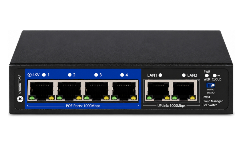 SW04 - Switch PoE 4+2, 10/100/1000Mbps, zarządzalny, 52W - VESTA | SW04