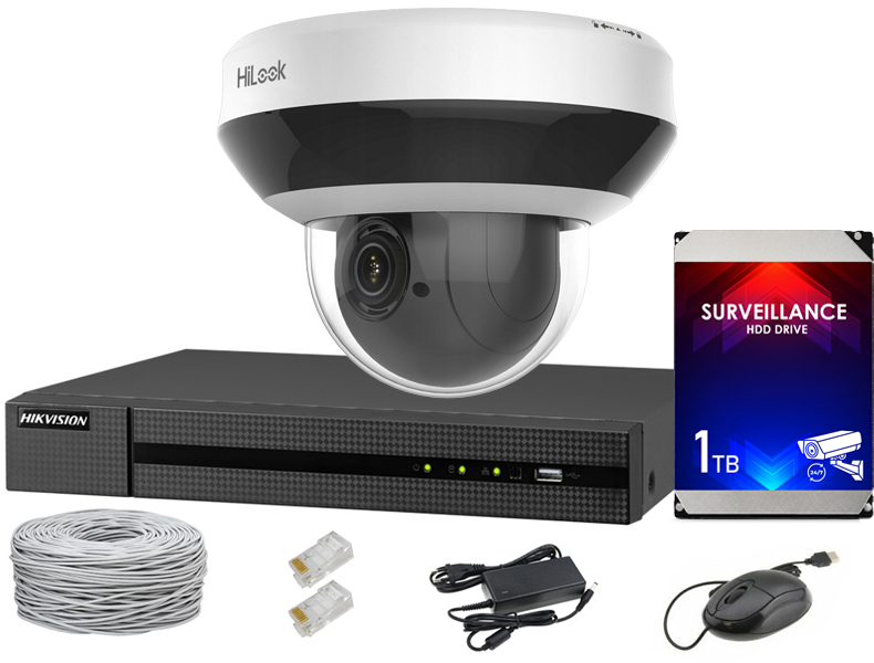 Zestaw do monitoringu IP, kamera obrotowa PTZ 4Mpx, IR20, NVR 4xPoE, Dysk 1TB - Hilook by Hikvision | 5904035371249