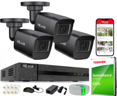 Zestaw do Monitoringu IP 4Mpx, 3x Kamera IPC-B141H-C BLACK, PoE, IR20m, IP67 - HiLook by Hikvision | IPC-B141H-C BLACK(x3) POE KIT
