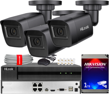 Zestaw do Monitoringu IP 4Mpx, 3x Kamera IPC-B141H-C BLACK, PoE, IR20m, IP67 - HiLook by Hikvision | IPC-B141H-C BLACK(x3) POE KIT