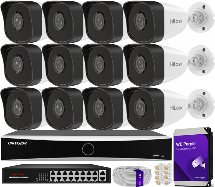 Zestaw do monitoringu IP 5Mpx, 12 Kamer IPC-B150H, PoE, IR30m - HiLook by Hikvision | IPC-B150H (x12) POE KIT