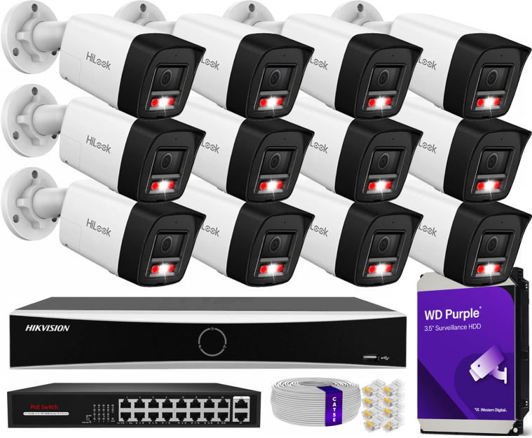 Zestaw do monitoringu IP 8Mpx 4K, 12 Kamer IPC-B180HA-LUF/SL Live Guard, PoE  - HiLook by Hikvision | IPC-B180HA-LUF/SL(x12) POE KIT