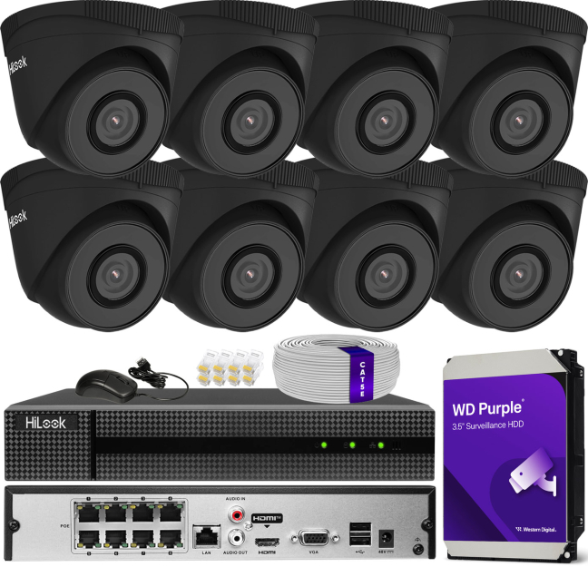 Zestaw do monitoringu IP 5Mpx, 8 Kamer IPC-T250H BLACK, PoE, IR30m - HiLook by Hikvision | IPC-T250H BLACK(x8) POE KIT