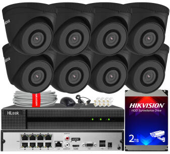 Zestaw do monitoringu IP 5Mpx, 8 Kamer IPC-T250H BLACK, PoE, IR30m - HiLook by Hikvision | IPC-T250H BLACK(x8) POE KIT