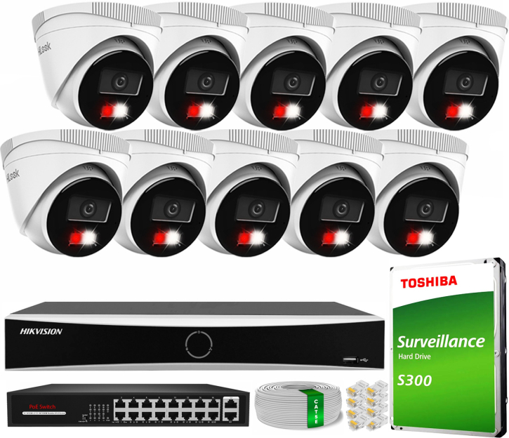 Zestaw do Monitoringu IP 4Mpx, 10 Kamer IPC-T240HA-LU Smart Hybrid Light, PoE - HiLook by Hikvision | IPC-T240HA-LU(x10) POE KIT