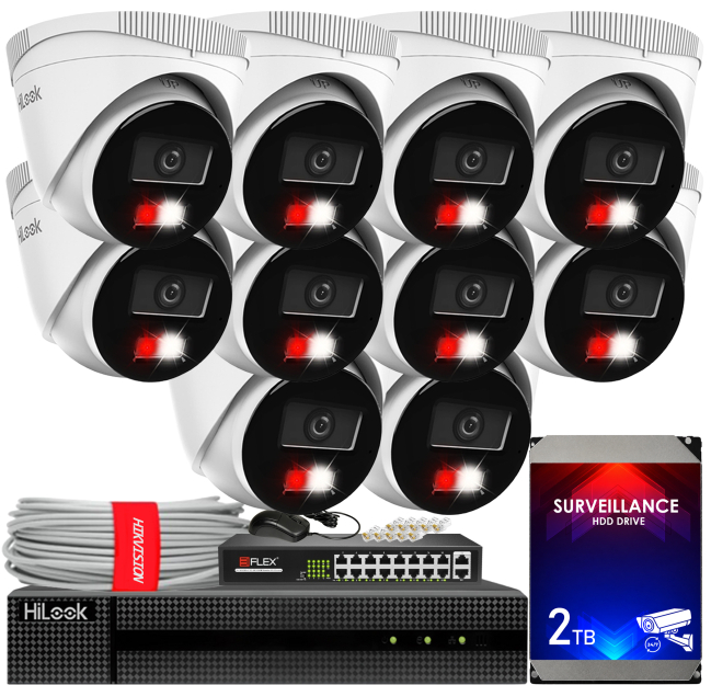 Zestaw do Monitoringu IP 4Mpx, 10 Kamer IPC-T240HA-LU Smart Hybrid Light, PoE - HiLook by Hikvision | IPC-T240HA-LU(x10) POE KIT