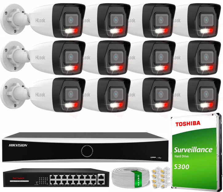 Zestaw do Monitoringu IP 4Mpx, 12 Kamer IPC-B140HA-LU Smart Hybrid Light, Rejestrator DS-7616NXI-K1, 16xPoE - HiLook by Hikvision | IPC-B140HA-LU(x12) POE KIT