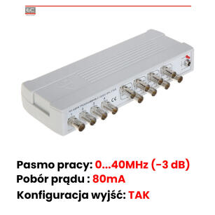 RV-4/8PR - Rozgałęźnik wideo, PAL, 40MHz, 80mA, brak zasilacza | RV-4/8PR