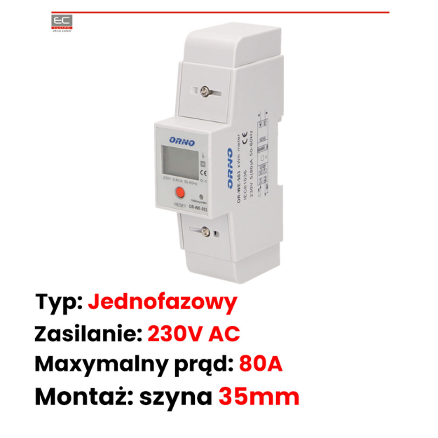 OR-WE-503 - 1-fazowy wskaźnik zużycia energii elektrycznej, 80A, dodatkowy wskaźnik wyjście impulsowe - ORNO