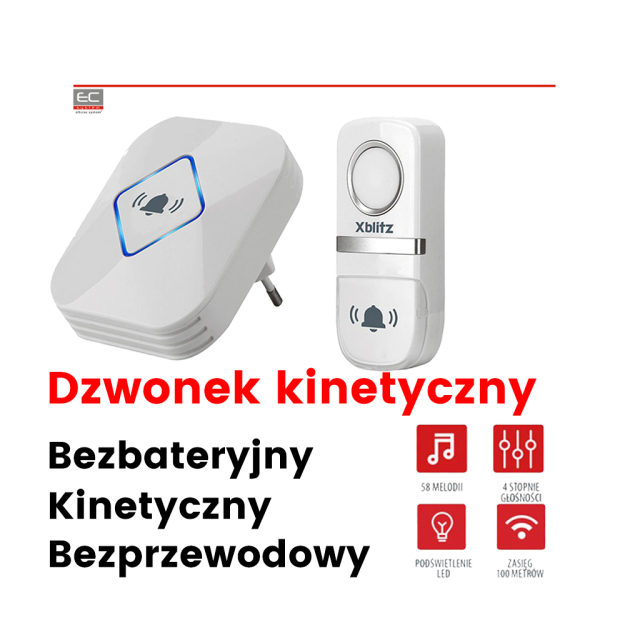 KINETIC - Bezbateryjny dzwonek bezprzewodowy, 58 melodii, zasięg 100m, podświetlenie LED - XBLITZ